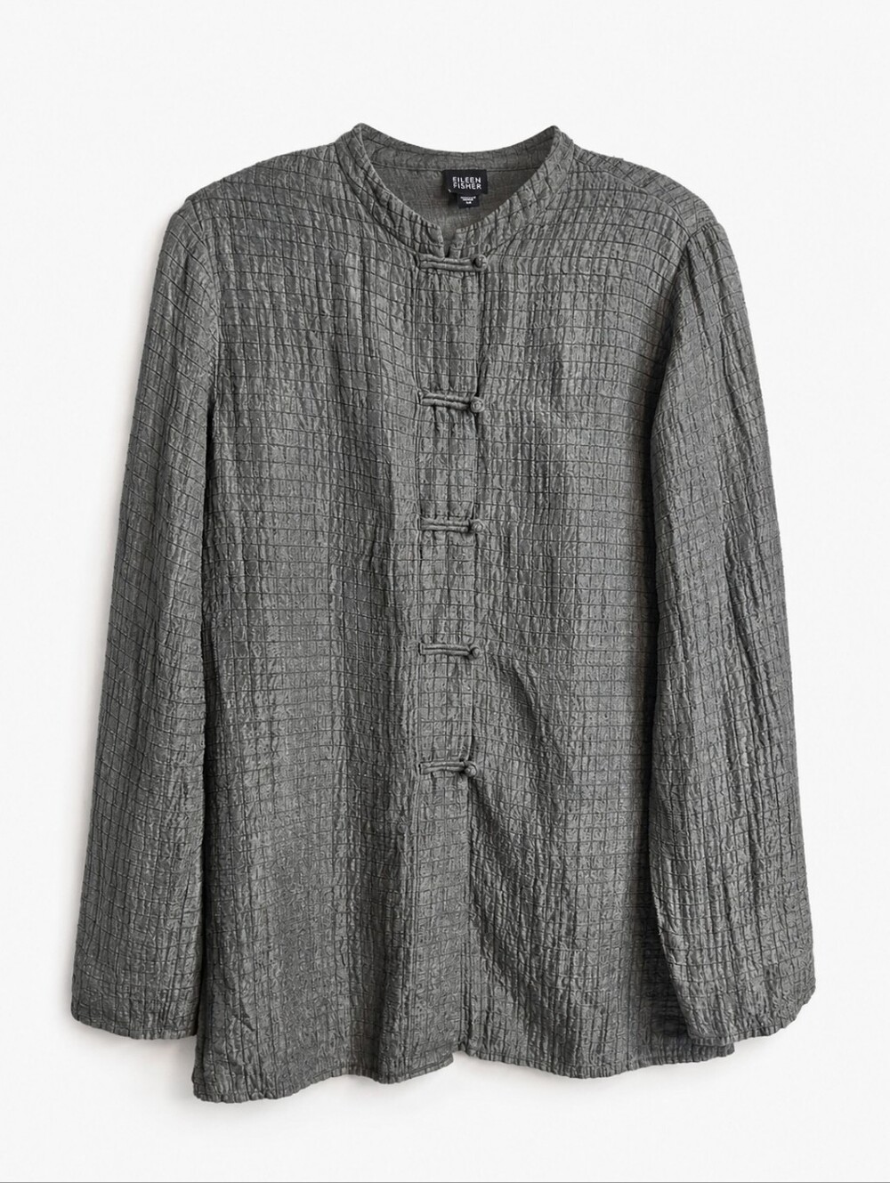 Eileen Fisher Textured Silk Blend Jacket Top Gray Mandarin Collar Toggle Button